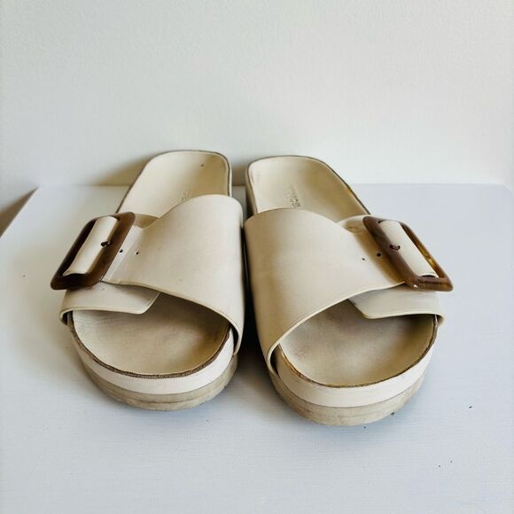 Vince Grant Buckle Slide Sandal – Leather, Neutral Beige, Size 7 - Picture 2 of 6